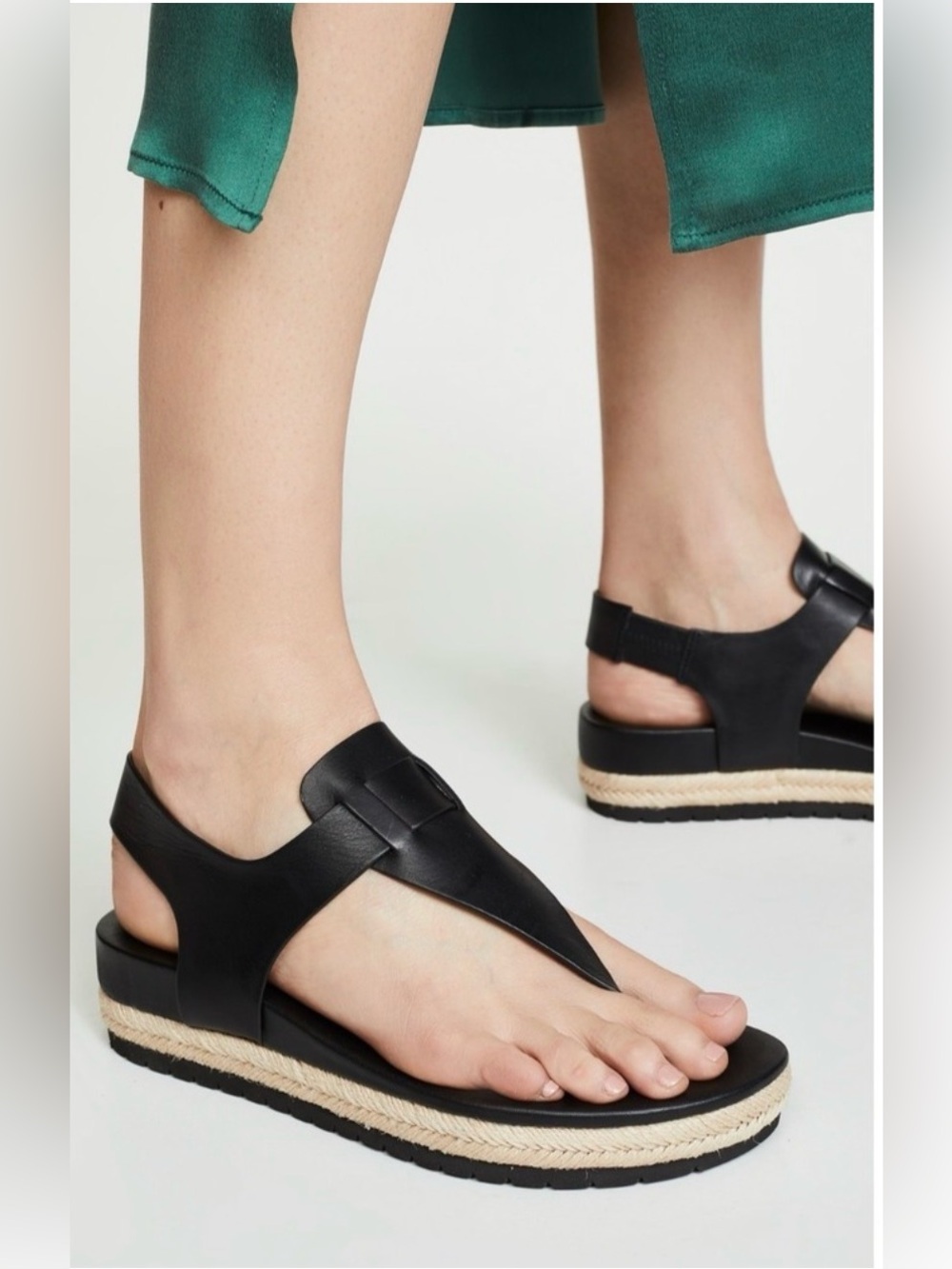 Vince Flint Black Leather T-Strap Espadrille Flatform Sandals